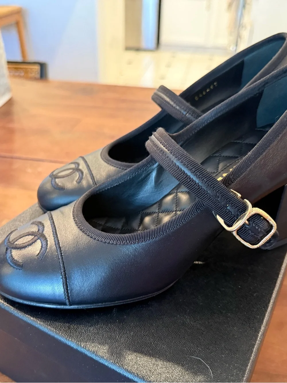 NWT CHANEL Black Leather Mary Jane Block Heels with Gold Buckle